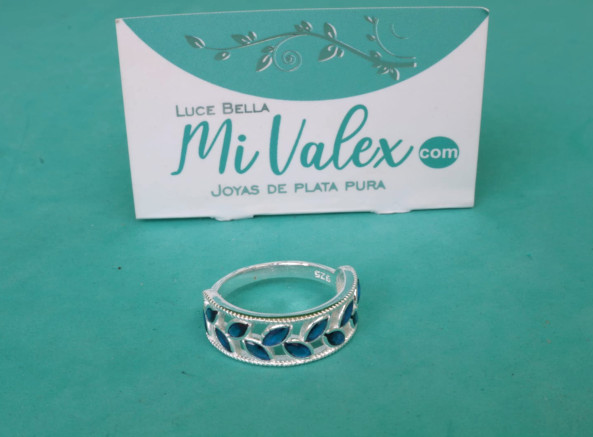 Apl398 Anillo Hojitas Piedritas Azules