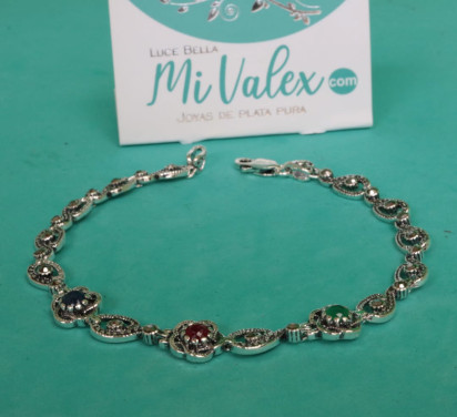 Pu183 Pulsera Plata Quemada Flores