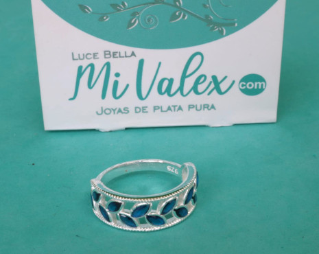 Apl398 Anillo Hojitas Piedritas Azules